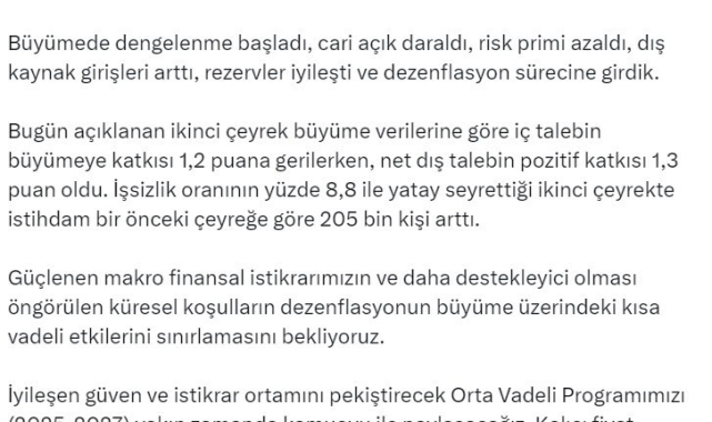 Bakan Şimşek: "Büyümede dengelenme başladı, cari açık daraldı, risk primi azaldı, dış kaynak girişleri arttı, rezervler iyileşti"