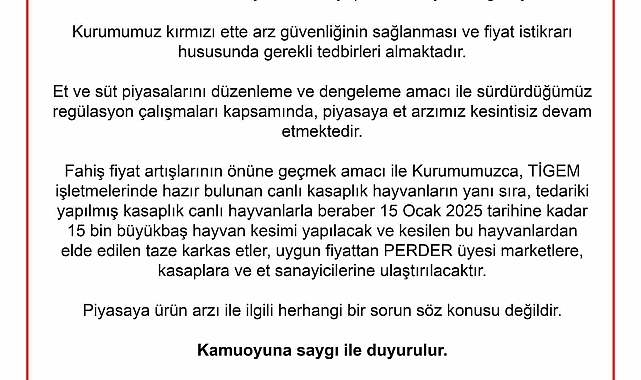 Et ve Süt Kurumu: "15 Ocak 2025 tarihine kadar 15 bin büyükbaş hayvan kesimi yapılacak"