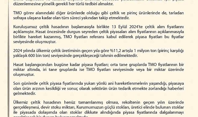 TMO: "Çeltiğin piyasa fiyatlarında dalgalanmayı gerektirecek bir durum bulunmamaktadır"