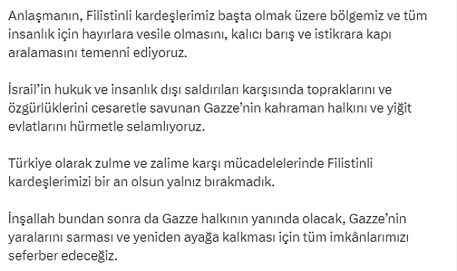 Cumhurbaşkanı Erdoğan'dan 'ateşkes' açıklaması: "Gazze'nin kahraman halkını hürmetle selamlıyoruz"
