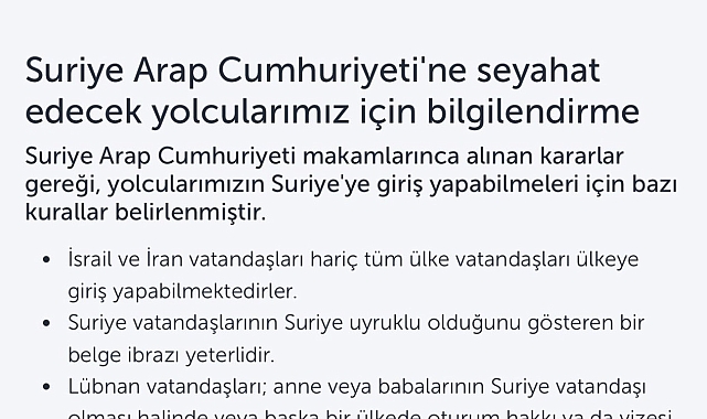 THY, Suriye'ye İran ve İsrail vatandaşlarını taşımayacak