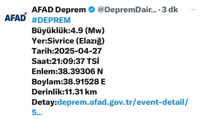Elazığ'da 4,9 büyüklüğünde deprem