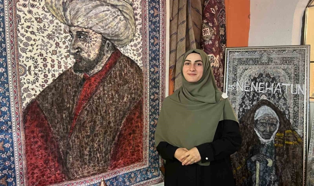Halıların üzerine tarihi şahsiyetleri çiziyor