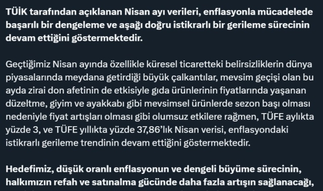 Ticaret Bakanı Bolat: "Nisan verileri, enflasyondaki gerileme trendinin devam ettiğini göstermektedir"