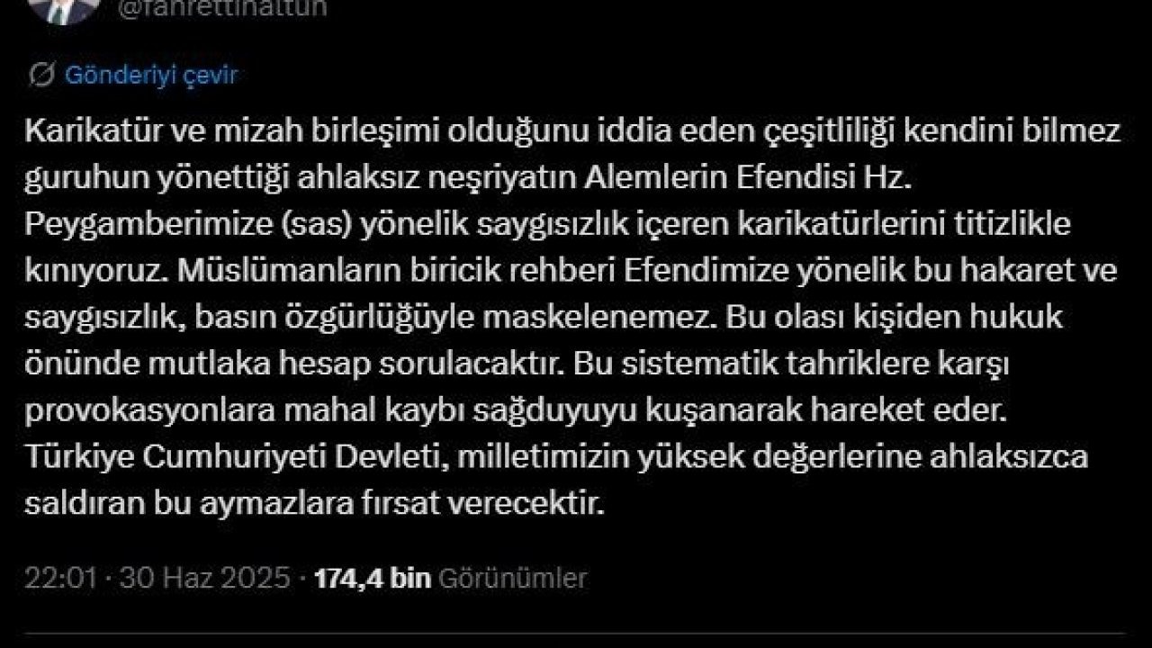 Fahrettin Altun: "Peygamberimize yönelik saygısızlık içeren karikatürleri şiddetle kınıyoruz"