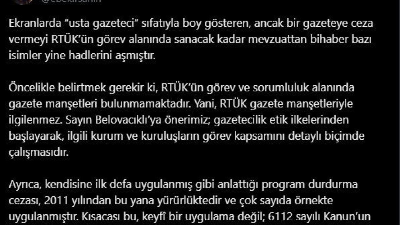RTÜK Başkanı Şahin: "RTÜK gazete manşetleriyle ilgilenmez"