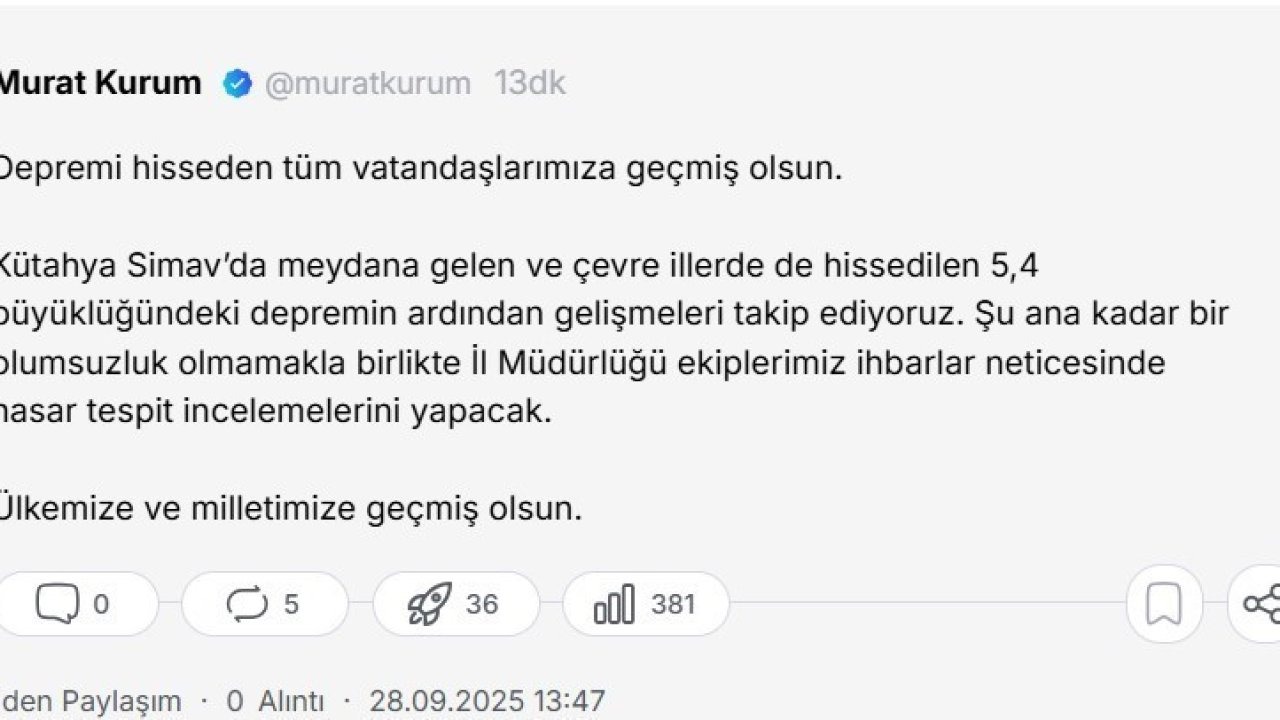 Bakan Kurum: &quot;Depremi hisseden tüm vatandaşlarımıza geçmiş olsun&quot;