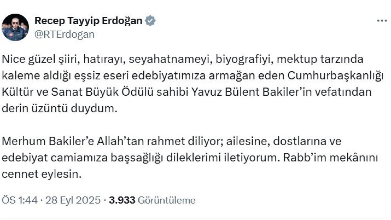 Cumhurbaşkanı Erdoğan’dan Bakiler için başsağlığı mesajı
