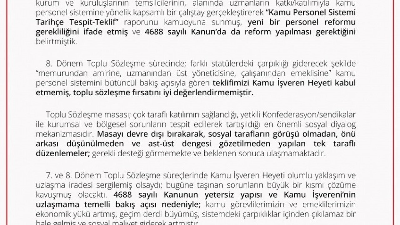 Memur-Sen Başkanlar Kurulu: &quot;Türkiye Yüzyılı’na yakışır, 4688 sayılı Kanunu’nda ivedi reform yapılması çağrısında bulunuyoruz&quot;